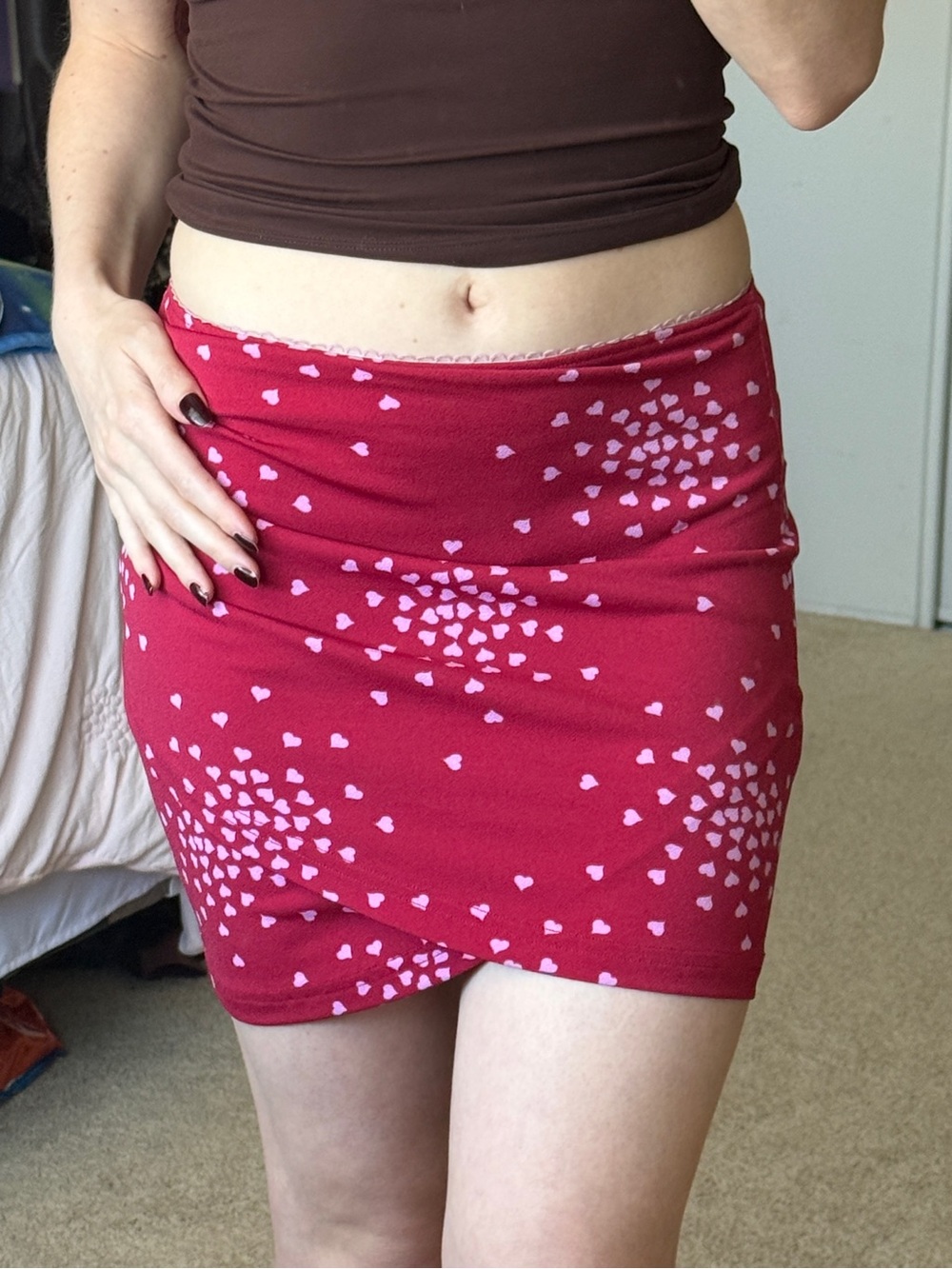 Urban Outfitters Red Mini Skirt with Pink Heart Print